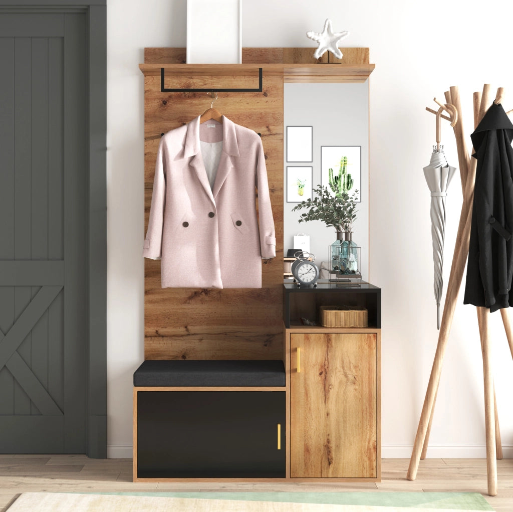 Set ingresso con scarpiera; specchio; 4 ganci e panca; 105x40x191;5 cm; nero e legno