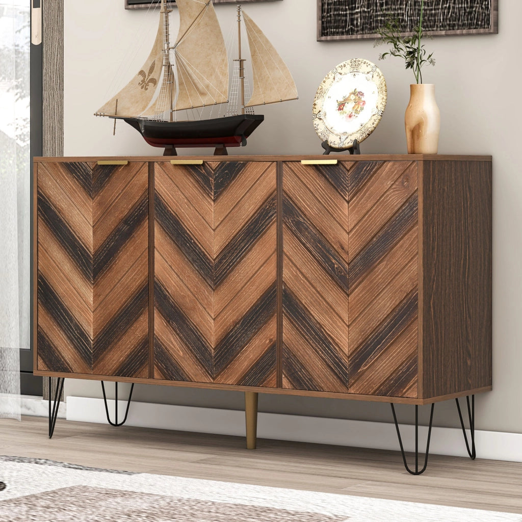 Credenza a 3 ante con ripiani interni; 120 x 38 x 76;5 cm; truciolare; effetto legno naturale e nero