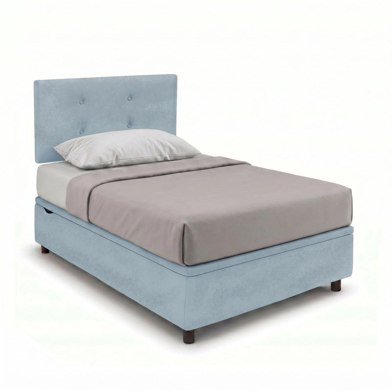 Letto imbottito Singolo 80x200 cm Button - Contenitore,Microfibra,Azzurro
