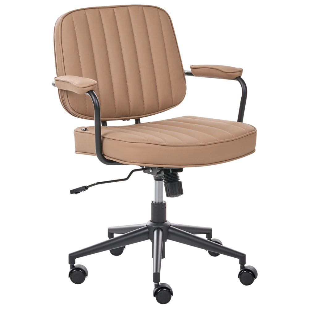 Sedia da ufficio in ecopelle marrone chiaro, girevole, regolabile in altezza, con braccioli, per ufficio domestico, studio, stile tradizionale