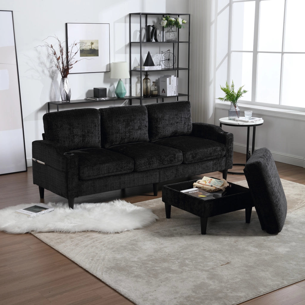 DIVANO 4 POSTI CON POUF CONTENITORE 196,5x75x77 cm CHENILLE NERO