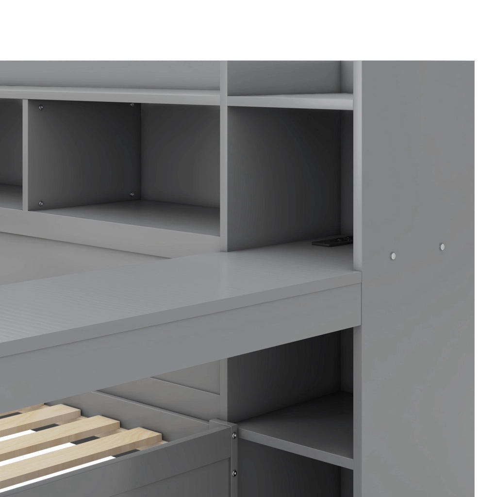 Letto 90x200 cm con scrivania, USB, presa e 2 cassetti grigio