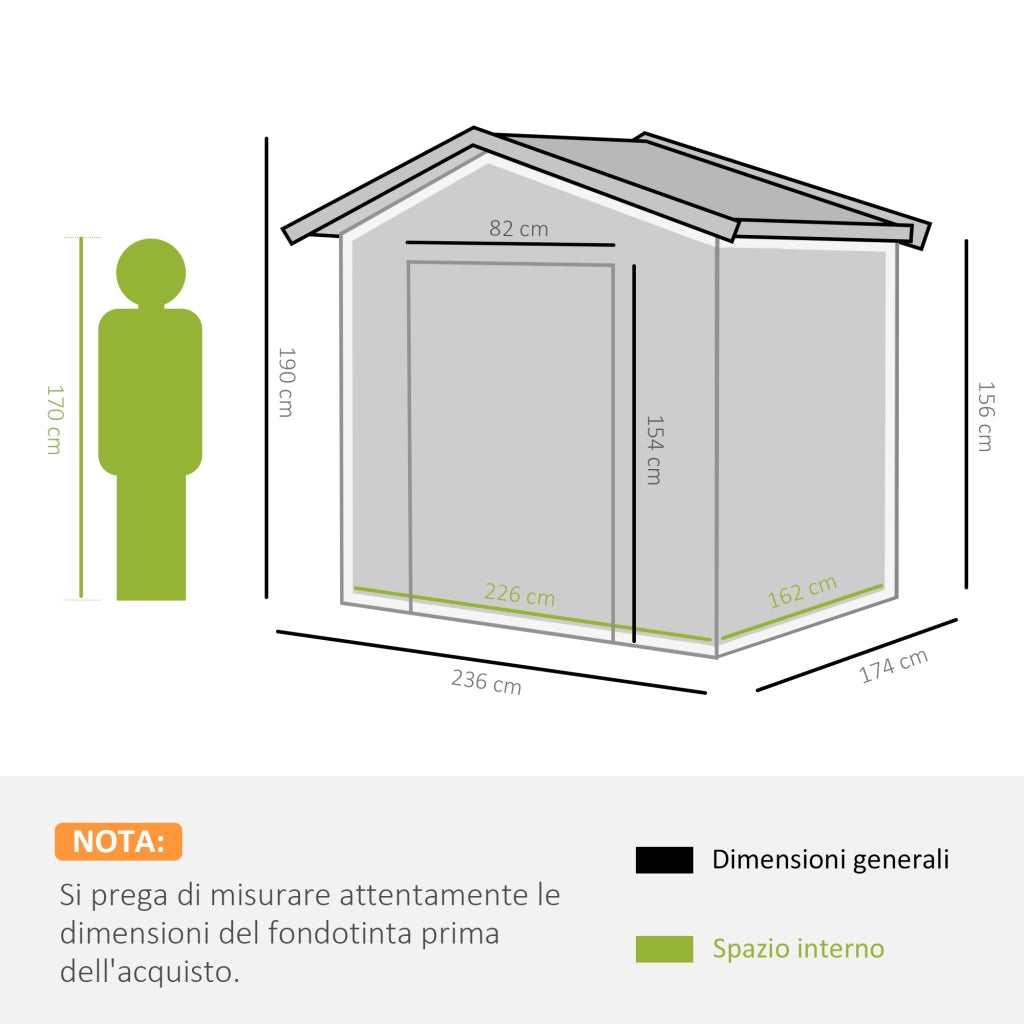 EasyComfort Casetta da Giardino 3.6m² in Acciaio Zincato con Prese d'Aria, Capanno da Giardino con Tetto Inclinato, Doppie Porte Scorrevoli Bloccabili, Capanno Porta Attrezzi, 236x174x190cm, Grigio Scuro