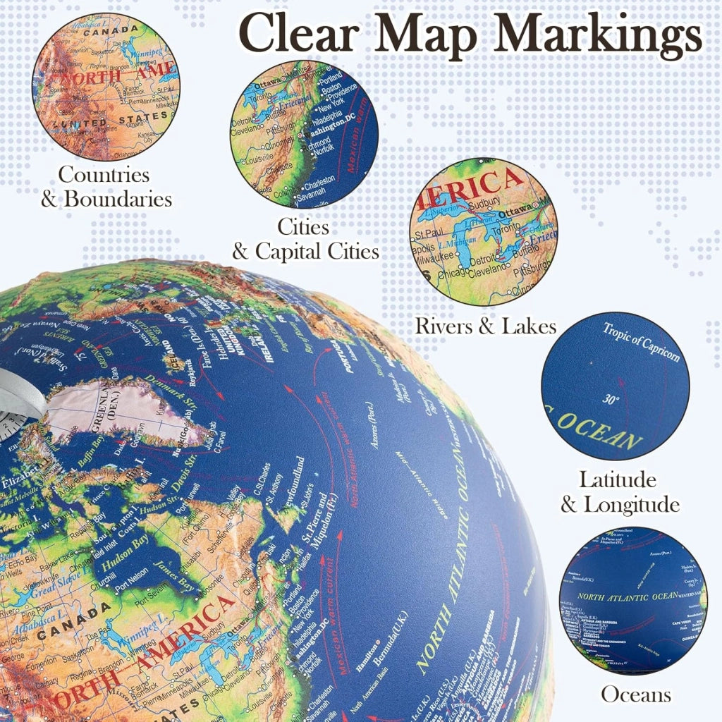 Globo illuminato da 30 cm, globo mondiale con mappa in rilievo, illuminazione a LED, display fuso orario, base in legno antiscivolo, globo geografico per studenti, educazione, decorazione