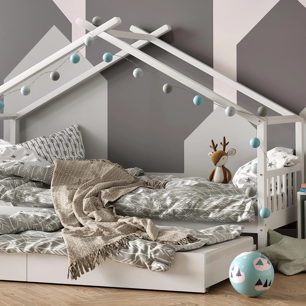 Letto da casa Design, Bianco, 90x200 cm con letto per ospiti e materasso, con sponda anticaduta e rete a doghe per un sonno sicuro