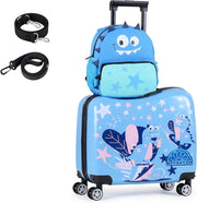 Set di Valigia Cavalcabile 18’’ + Zaino 12’’ per Bambini 2 Pezzi, Bagagli 2-in-1 di con Maniglia Telescopica e 4 Ruote, Trolley Bagaglio a Mano e Zaino per Bambini (Blu Dinosauro)