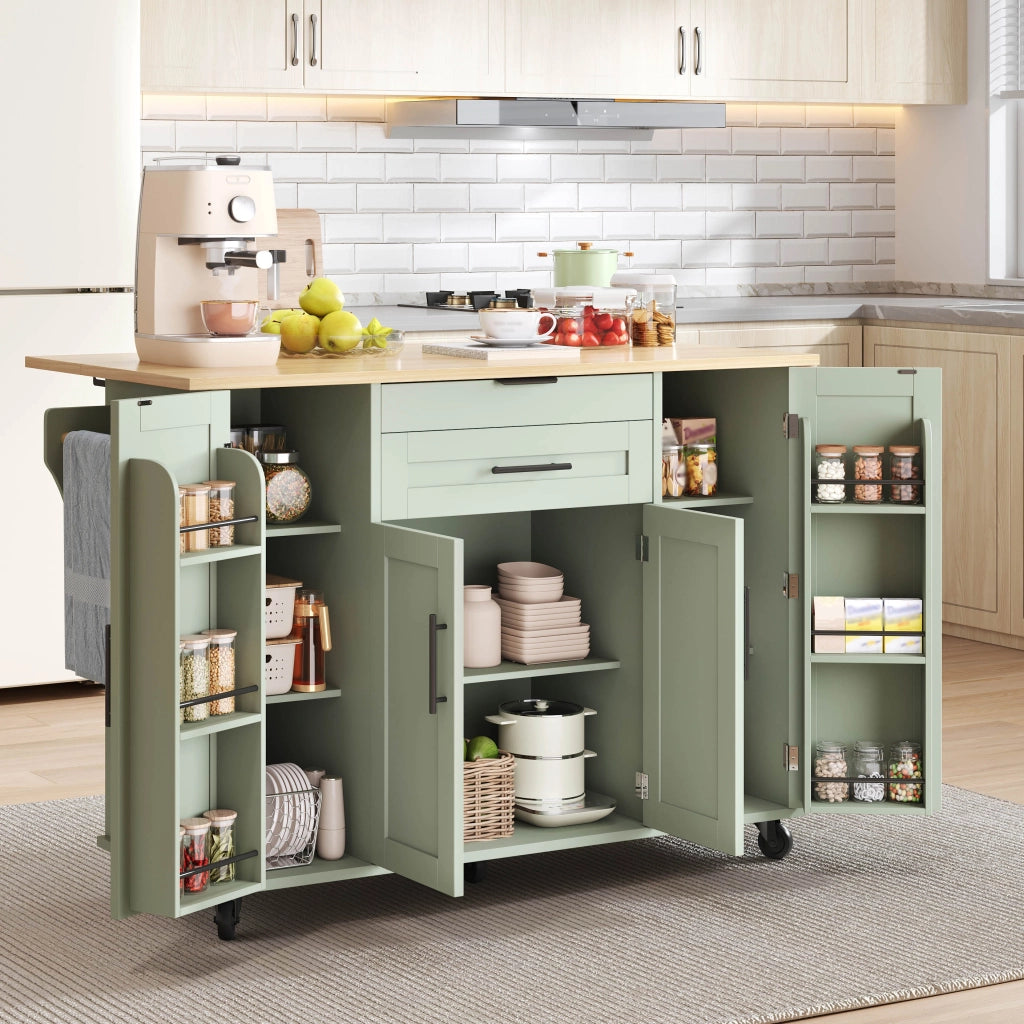 Carrello cucina mobile con piano estraibile 120x45 cm, anta doppia, cassetto nascosto e ripiani regolabili, verde anticato