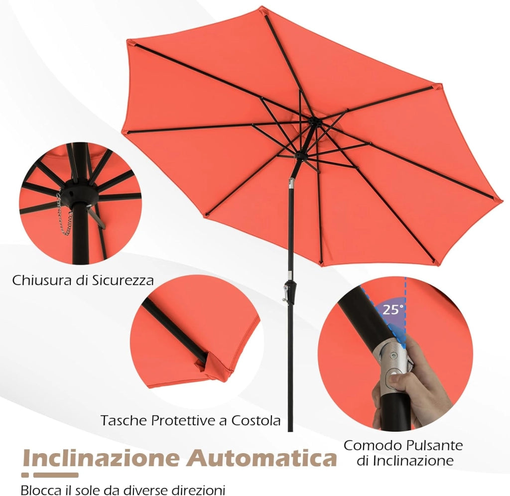 Ombrellone da Giardino, Diametro 290 cm, Ombrello da Spiaggia con Manovella e Inclinazione Regolabile, Ideale per Spiaggia, Balcone, Giardino (Arancione)