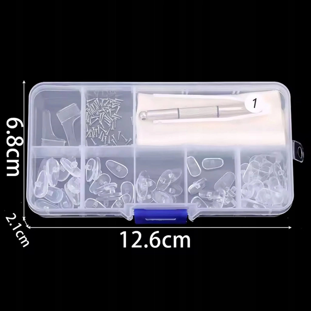 Set Riparazione Occhiali OkularFix MaxKit – 35 Paia Naselli Silicone, 60 Viti, Pinzetta, Cacciavite, Panno, Organizer