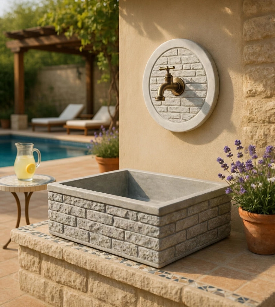 Lavello Rettangolare da Esterno 45x35 cm con Rosone Installazione a Muro in Cemento Mattone Faccia a Vista Meseta Grigio