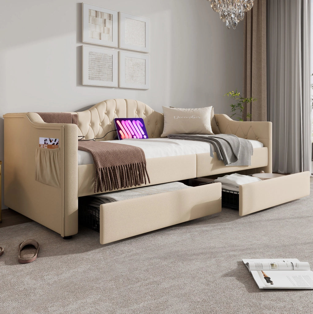 Daybed imbottito 90x200 cm con 2 cassetti; USB e Type-C; velluto beige