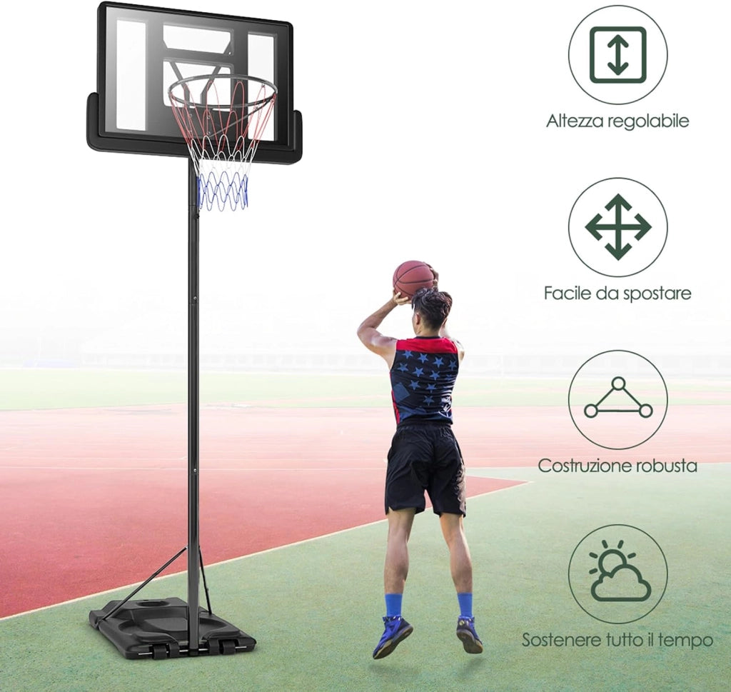 Canestro da Basket Portatile e Regolabile 180-305 cm, Canestro da Basket da Esterno ed Interno con Tabellone Resistente, Rete di Nylon e Base Riempibile, Ideale per Adolescenti e Adulti