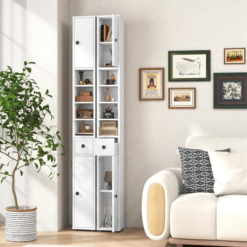 Scaffale Bagno Colonna 20 x 20 x 180 cm, Armadio da Bagno Sottile con Cassetto, 2 Ante e 4 Ripiani Aperti, Armadio per Bagno e Soggiorno