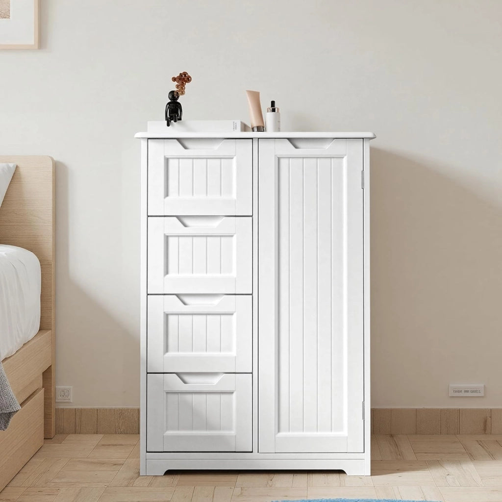Armadietto per bagno con 4 cassetti, Armadietto autonomo, Armadietto laterale con anta e divisore regolabile, per bagno, ingresso, 30x60x85CM,Bianco