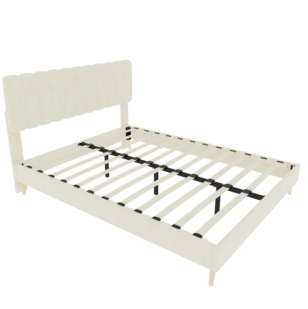 Letto imbottito 140x200 cm con testiera alta; tessuto beige