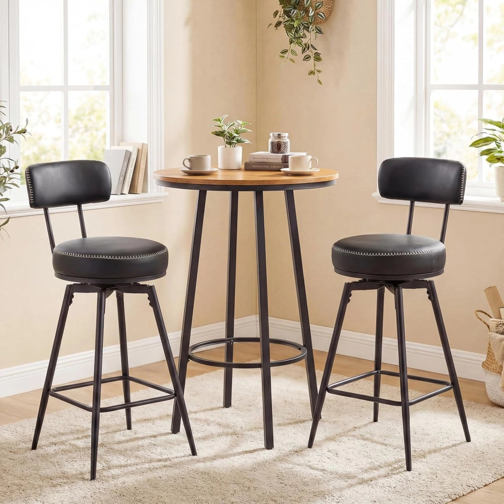 Set di 2 Sgabelli Girevoli, Sedie da Bar Moderne con Schienale Imbottito, Poggiapiedi e Gambe in Metallo, Sgabelli Imbottiti in Similpelle per Isola Cucina e Sala da Pranzo (Nero, Rotondo)