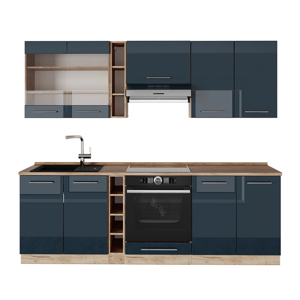 Cucina componibile Fame-Line Blu scuro lucido/Rovere dorato 235 cm, PL Rovere Vicco