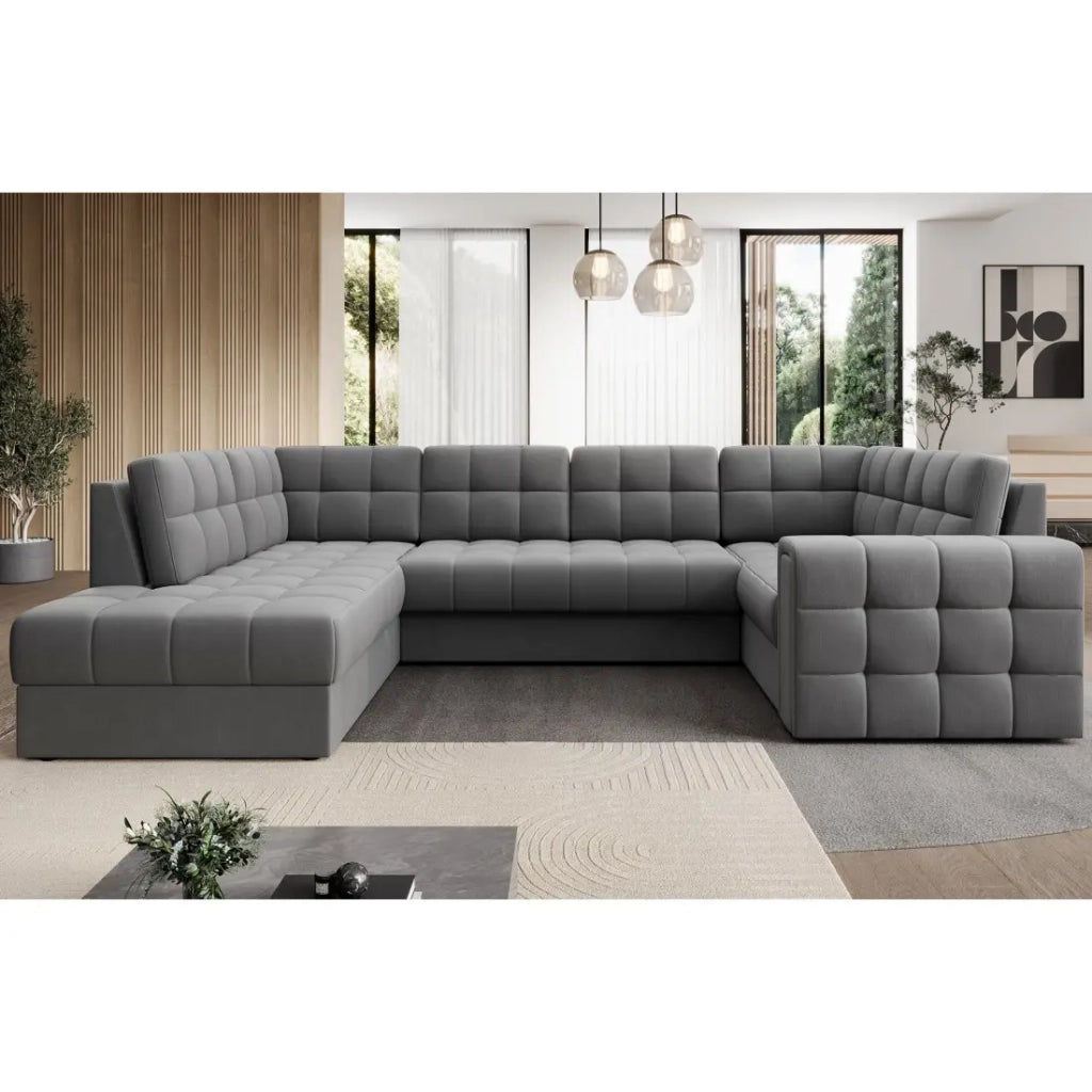 Divano angolare convertibile MONTEZA grigio sinistro 299 cm con contenitore e letto