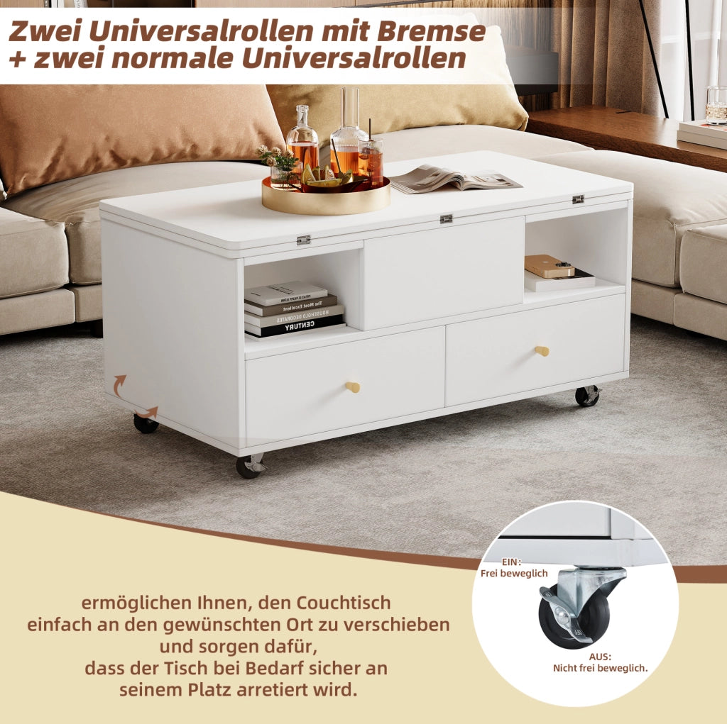 Tavolino da caffè sollevabile e pieghevole 100 x 50 x 47;5 cm in MDF bianco