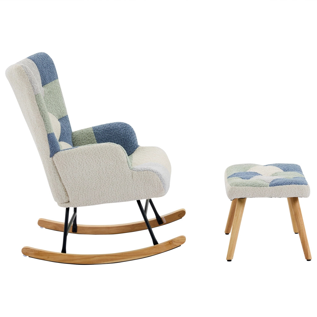 Poltrona a Dondolo con Pouf 122x68x91 cm Beige e Blu Pied-de-Poule; Portata 110 kg