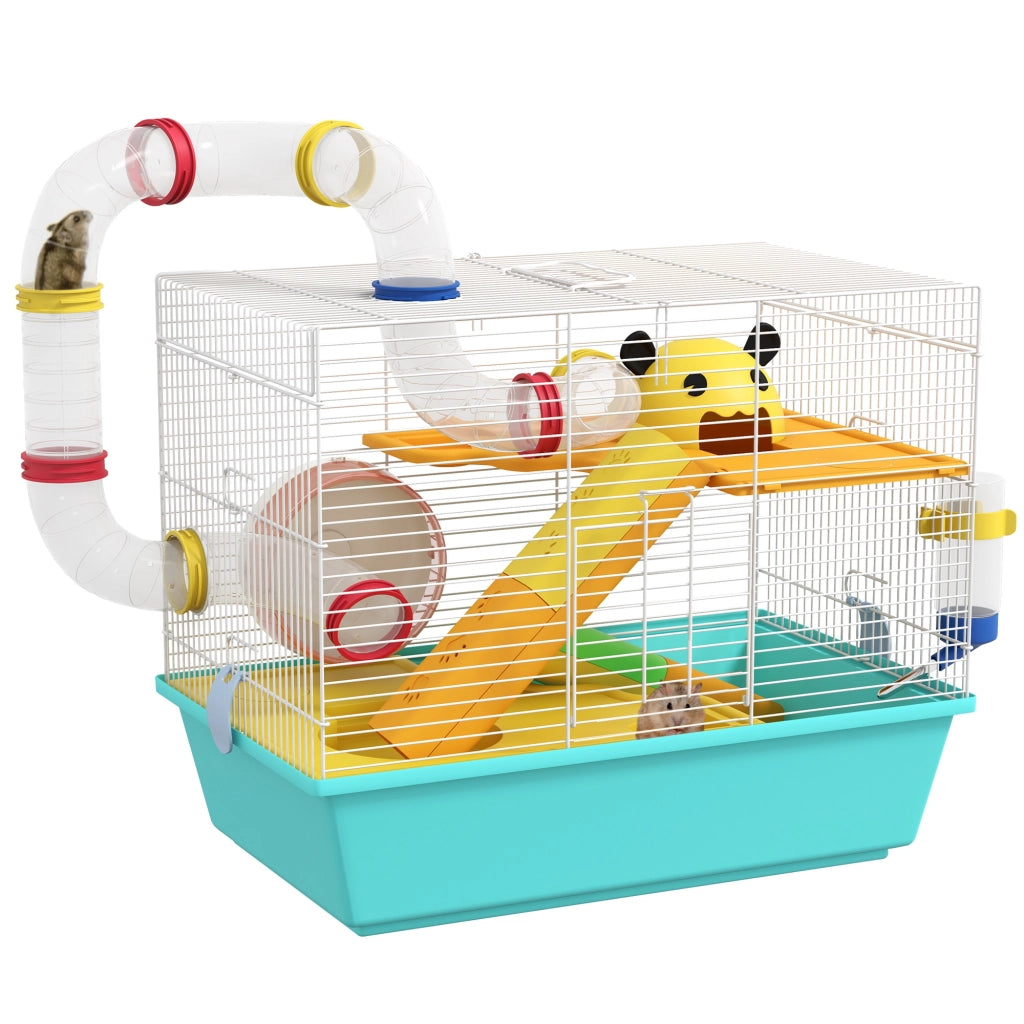 Casetta per Criceti con Ruota, Ciotola e Rampe ¨C zephmum ¨C 45x28x37 cm Bianco Azzurro