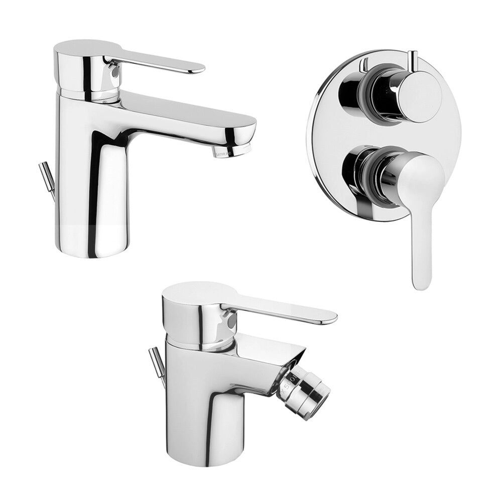 Set miscelatori lavabo bidet con pilette e doccia a due vie in ottone cromato lucido P3 Paini