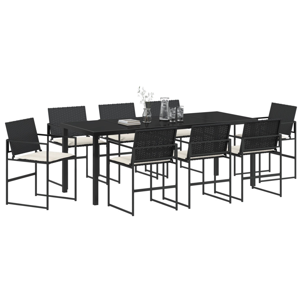 Set da Pranzo da Giardino 9 Pezzi con Cuscini Nero Rattan Polimerico
