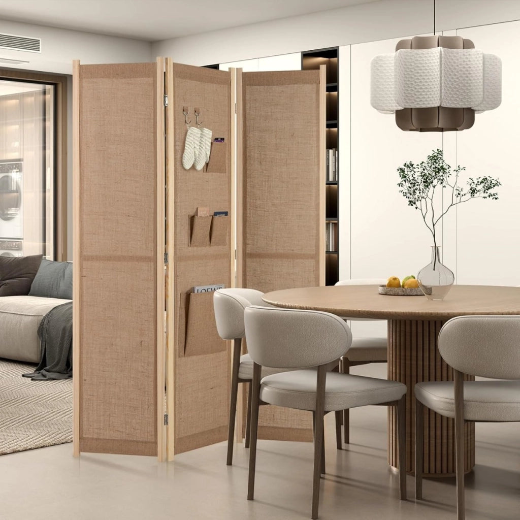 Paravento in lino finto a 4 pannelli con tasche di stoccaggio, Schermo di privacy pieghevole con ganci Beige-Separ¨¨