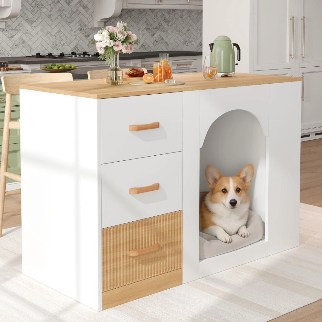 Mobile contenitore con 3 cassetti; 2 vani laterali e zona riposo animali per cucina; in MDF bianco; 120×60×90 cm