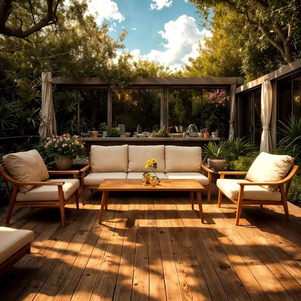 Salotto da giardino ELVORA 5 posti in alluminio effetto legno con divano a 3 posti, poltrone e tavolino