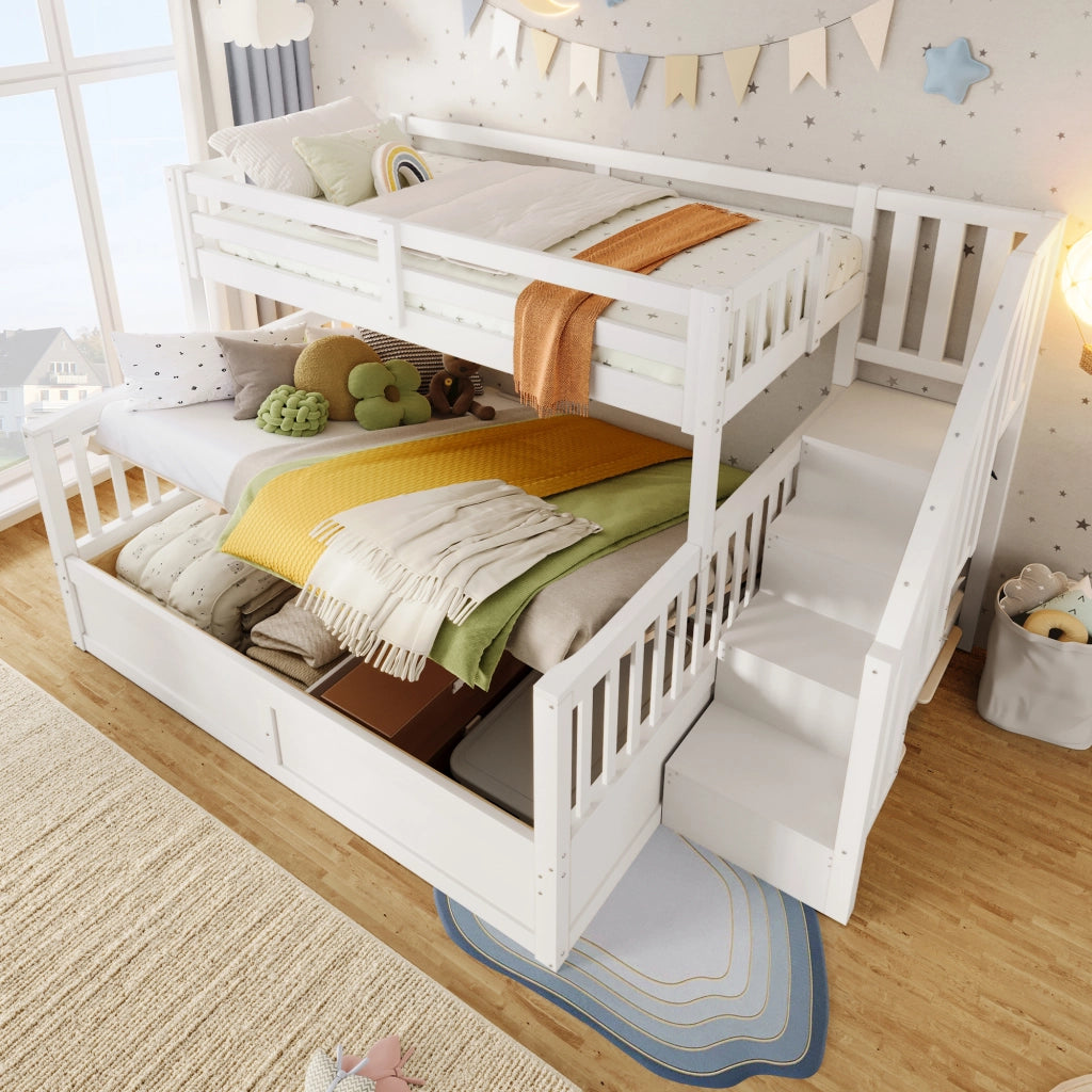LETTO a castello con scala contenitore 90x200+140x200 cm in pino e MDF bianco