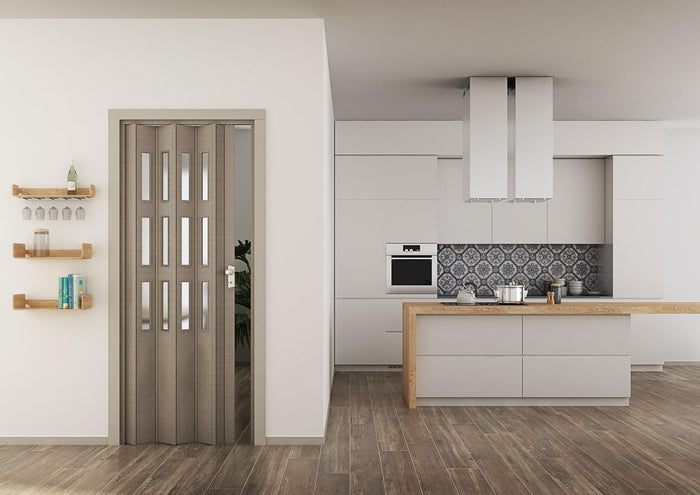 Porta a Soffietto da Interno 88,5x214 cm in PVC con Vetro Florance Rovere Tortora