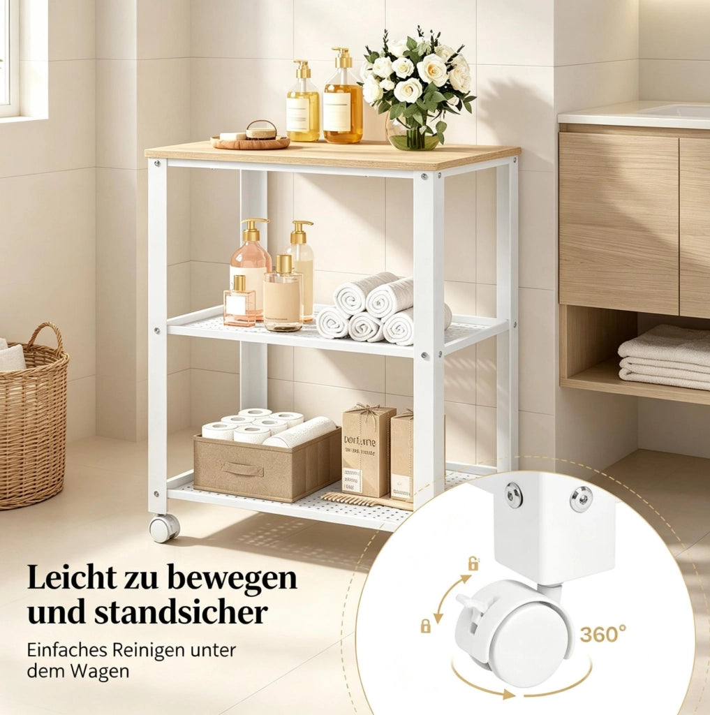 Carrello da Cucina Compatto Salvaspazio con 3 Ripiani, 60x40x76 cm, Bianco e Rovere Chiaro