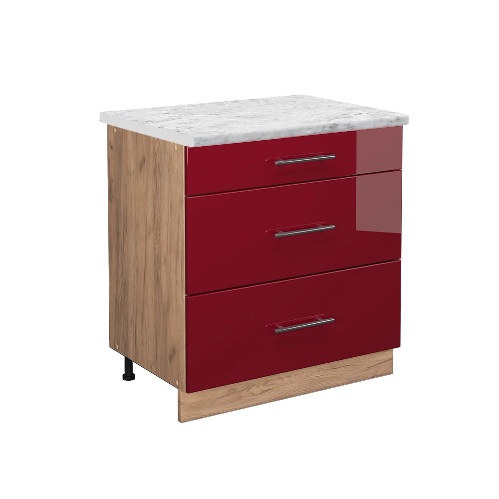 Mobiletto base per cucina Fame-Line Bordeaux lucido/Rovere dorato 80 cm con 3 cassetti, PL Marmo Vicco