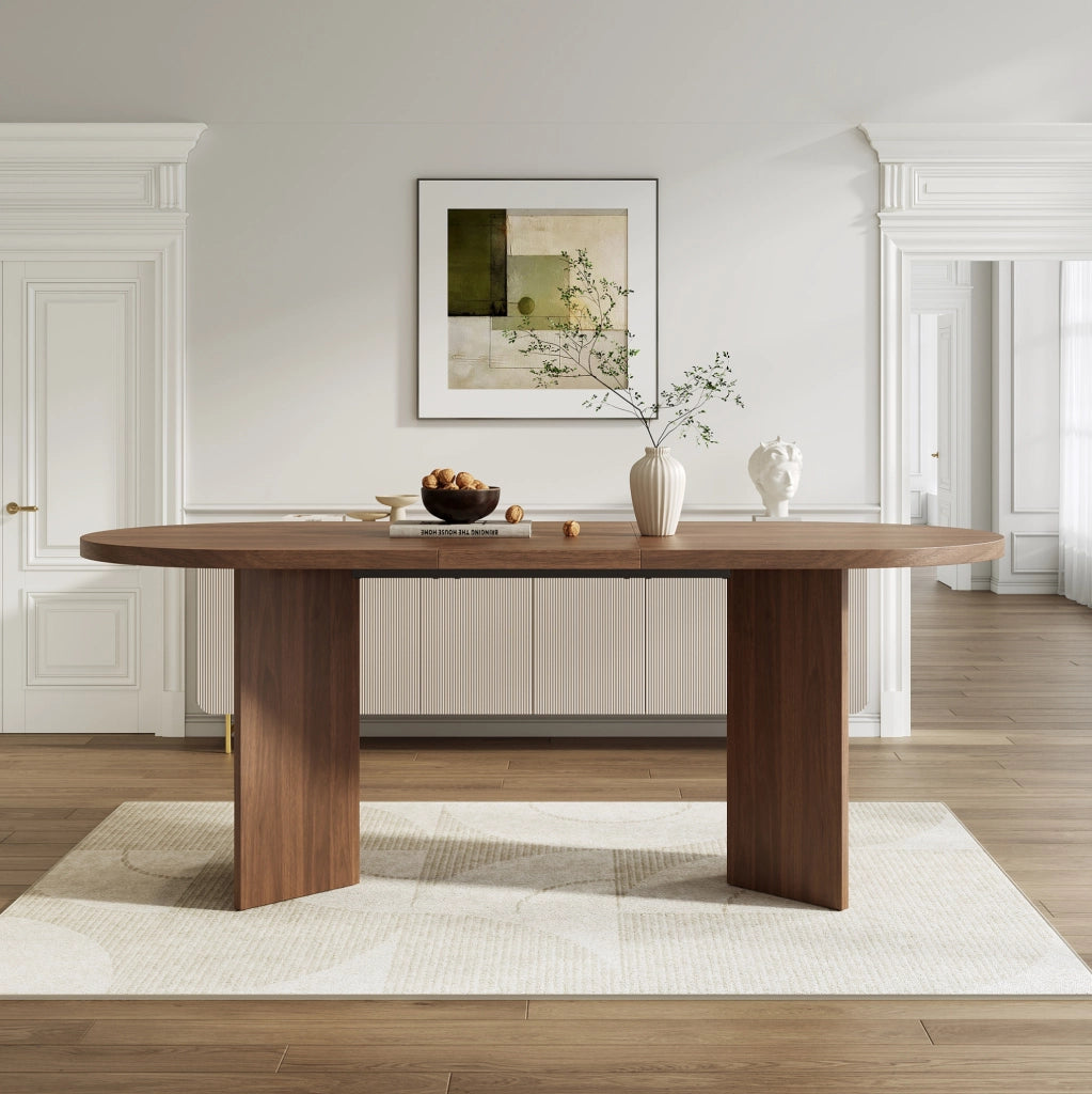 Tavolo da pranzo moderno per 6-8 persone con angoli arrotondati; piano 18 mm; colore noce