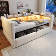 Letto imbottito trasformabile 90x190 cm con contenitore idraulico, LED, prese e rivestimento beige