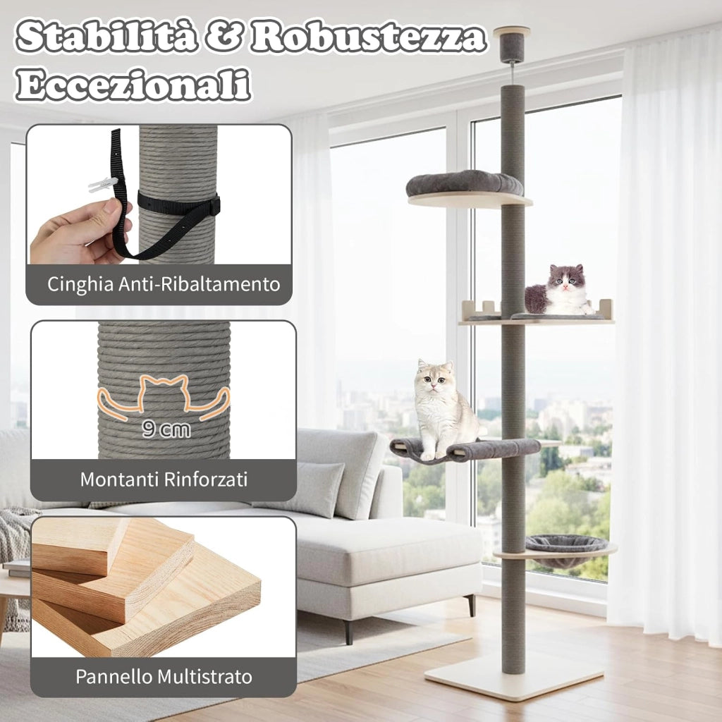 Albero per Gatti da Interno, Tiragraffi per Gatti Regolabile in Altezza da 236 a 271 cm con Piattaforma, Cesta Letto e Tiragraffi, Mobile per Gattini in Legno