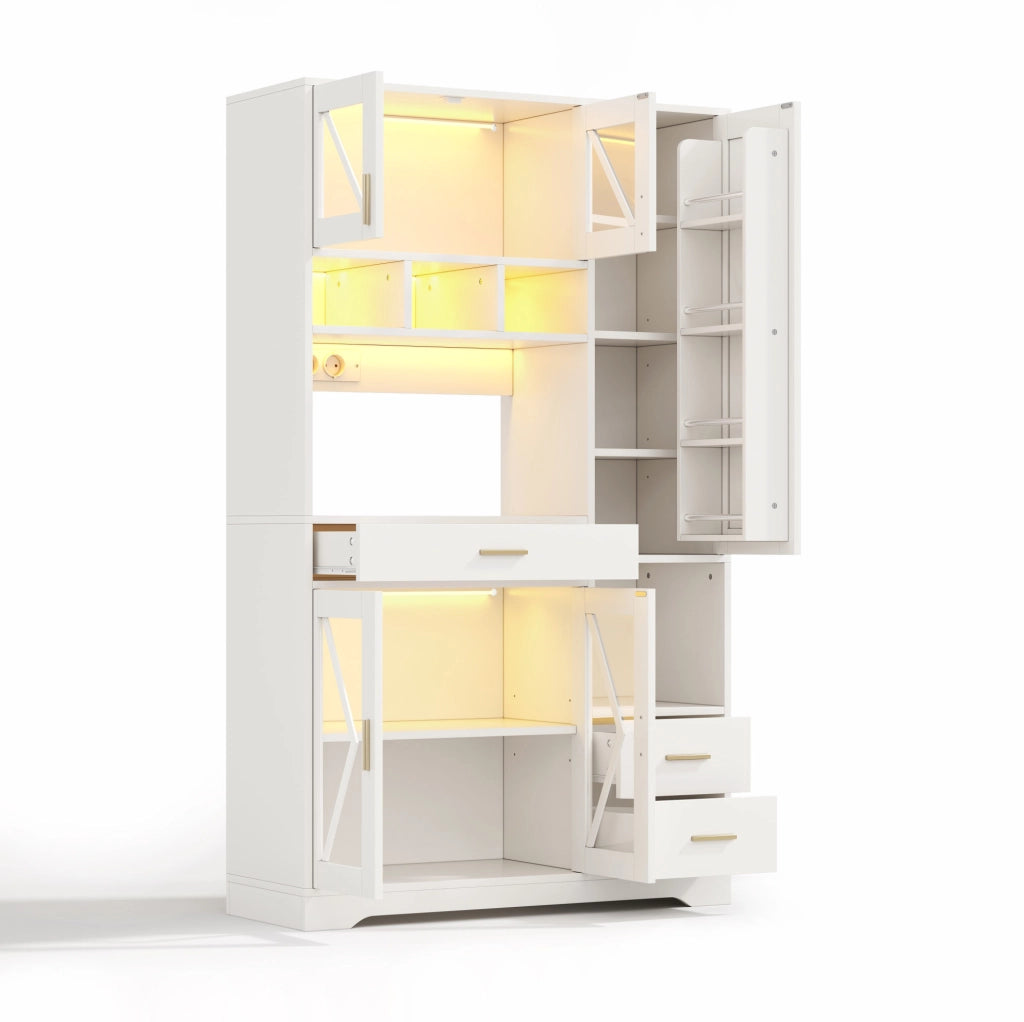 Credenza 105x40x185 cm con LED multicolore e prese; in MDF bianco