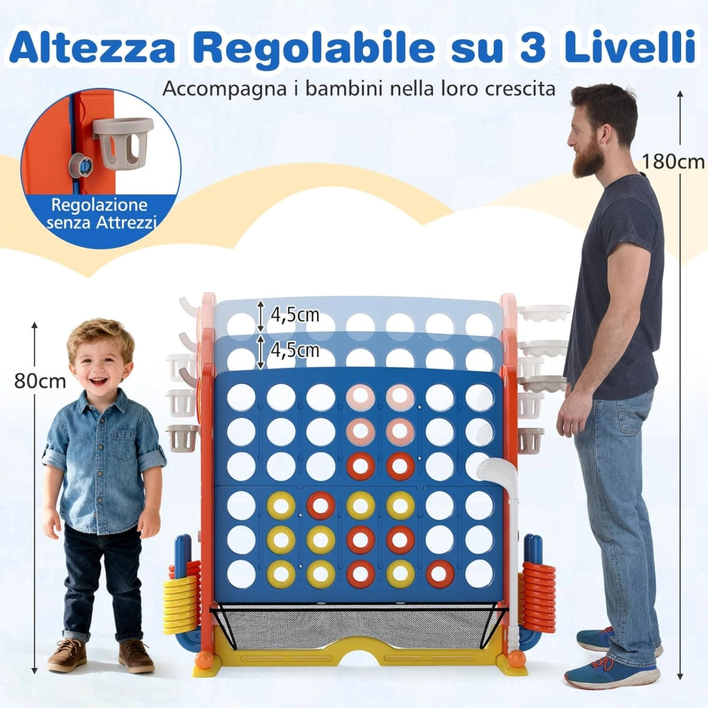4 in 1 Forza 4 Gigante, Set di Gioco 4 in Fila con Lancio degli Anelli, Canestro da Basket, Palla, Mazza da Golf, Porta Bicchieri, Borsa e Tasca a Rete, Forza 4 Regolabile in Altezza (Blu)