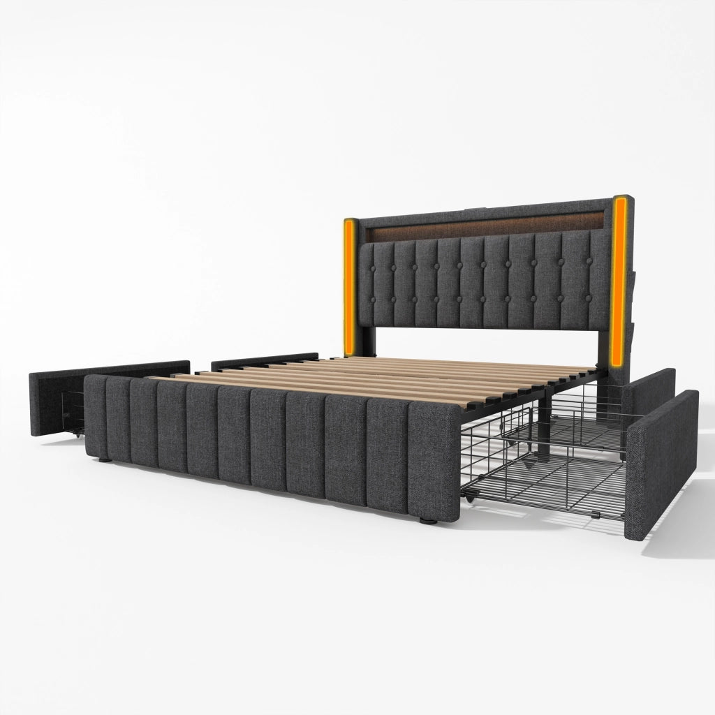 Letto matrimoniale imbottito 140x200 cm con LED, ricarica USB/Type-C e 4 cassetti, grigio
