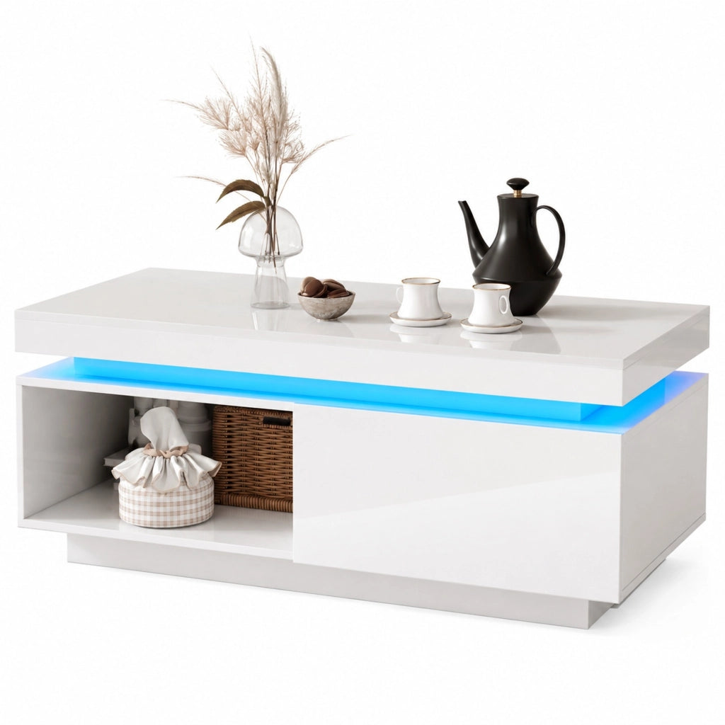 Set mobile TV e tavolino lucido con LED; bianco; in truciolare