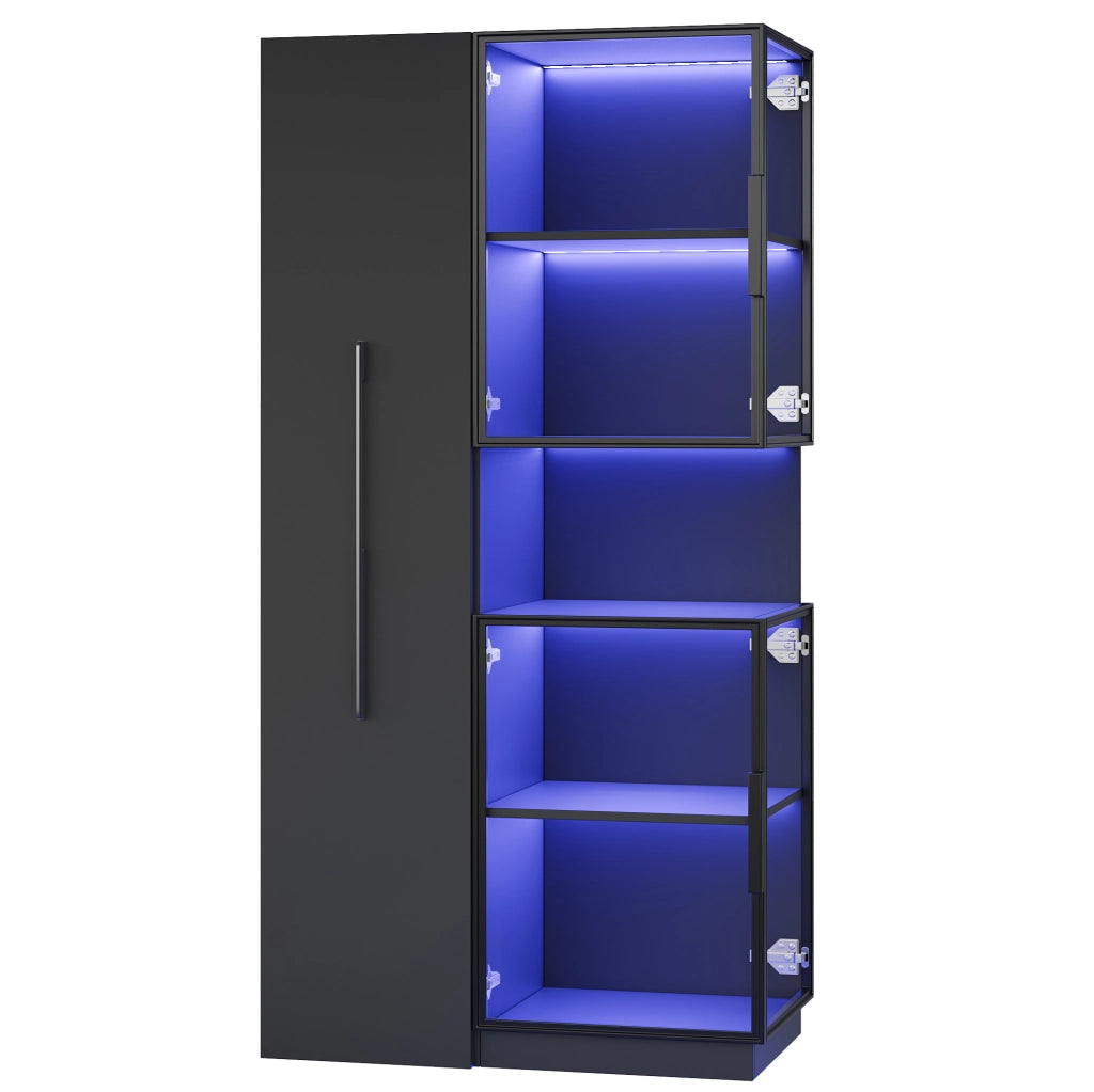 Vetrina alta 70x38x160 cm in MDF e vetro con LED multicolore; nera