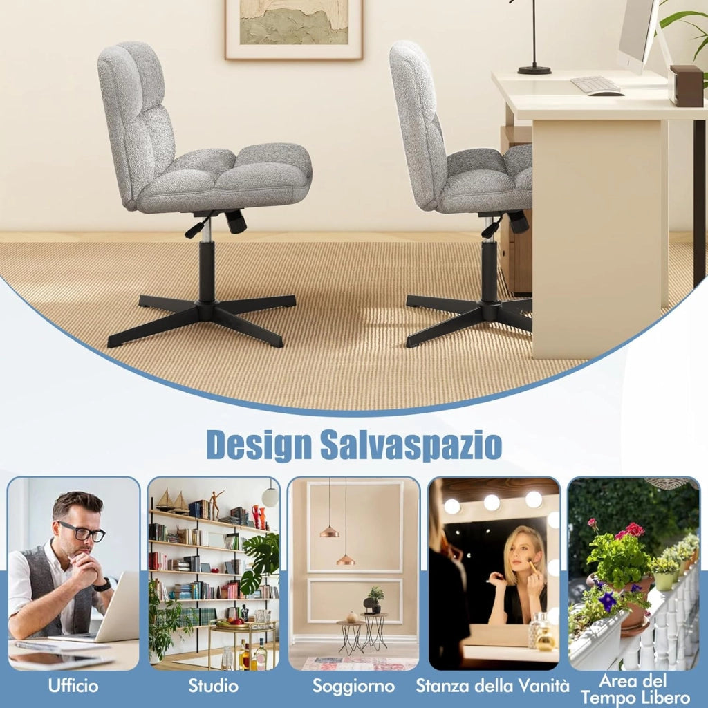 Sedia da Scrivania senza Braccioli, Sedia da Ufficio a Gambe Incrociate, Altezza Regolabile, Girevole a 360°, Tessuto Morbido, Ampia Seduta Imbottita, per Soggiorno Ufficio (Grigio)