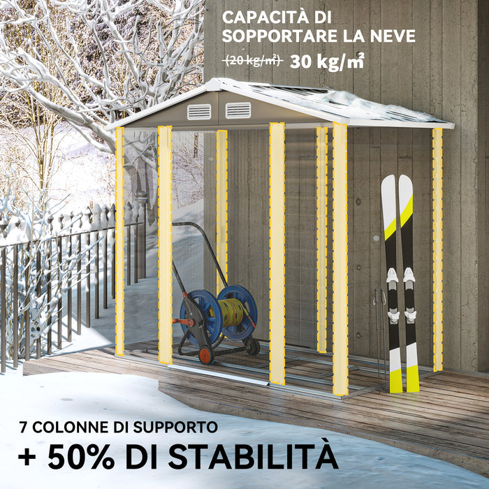 Casetta Box da Giardino Porta Attrezzi 213x120x166-194 cm con Porte Scorrevoli e Lucchetto con Chiavi in Metallo Grigio