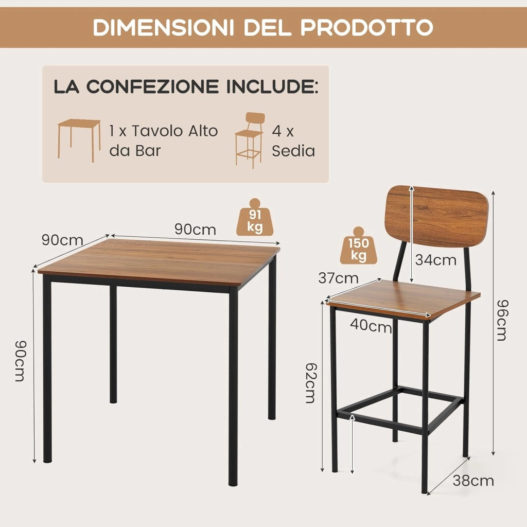 Set 5 Pezzi Tavolo da Pranzo, 1 Tavolo Rettangolare e 4 Sedie con Poggiapiedi, Set di Tavolo da Pranzo Salvaspazio per Casa Ristorante Bar (Noce)