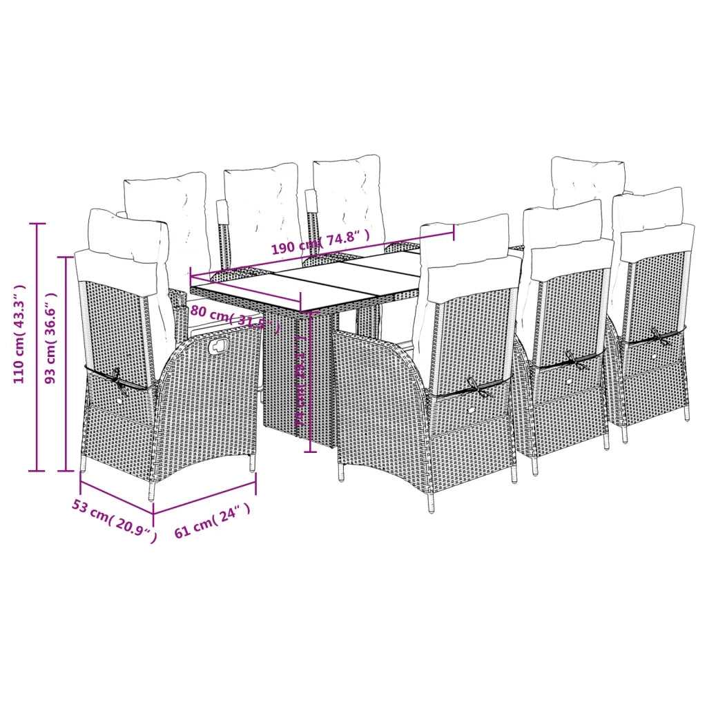 Set Pranzo da Giardino 9 pz con Cuscini Beige Misto Polyrattan