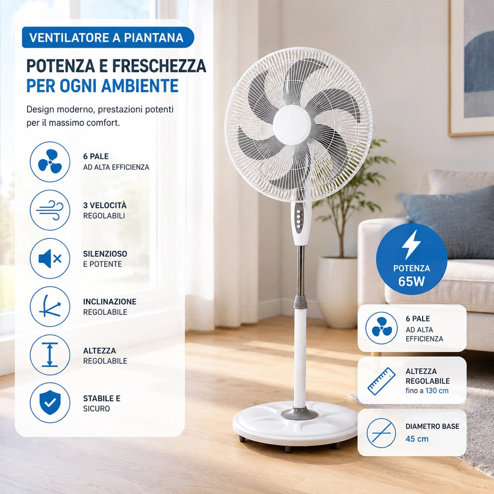 Ventilatore a Pianta Base Tonda Anti Ribaltamento Altezza 130 cm 65W e 6 Pale