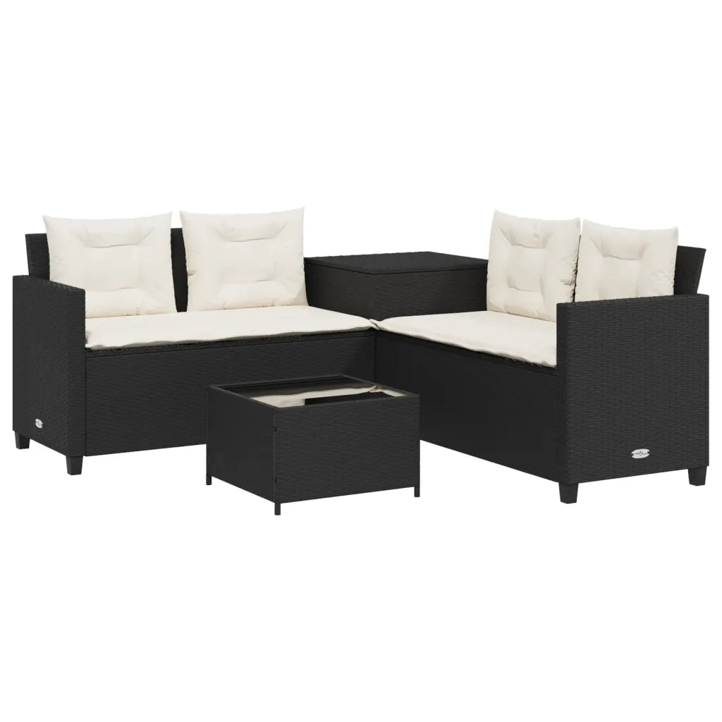 Divano da Giardino con Tavolo e Cuscini a L Nero in Polyrattan 369027