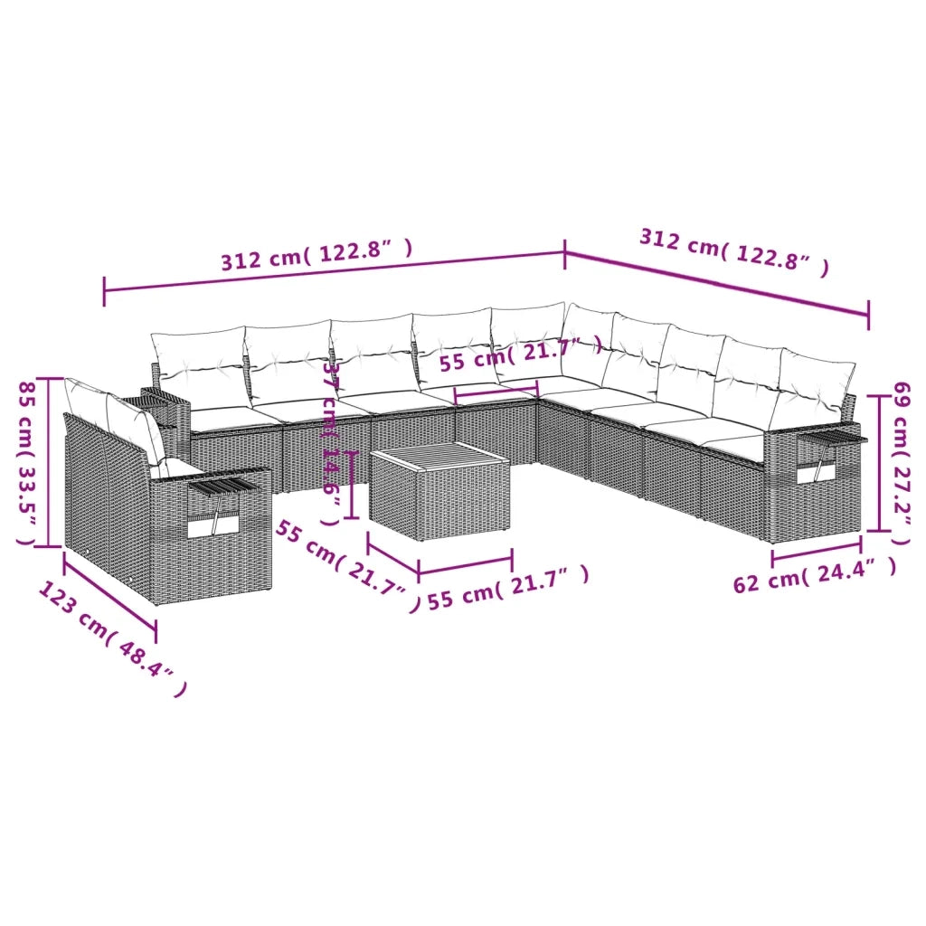 Set Divani da Giardino 12 pz con Cuscini Beige in Polyrattan 3224645