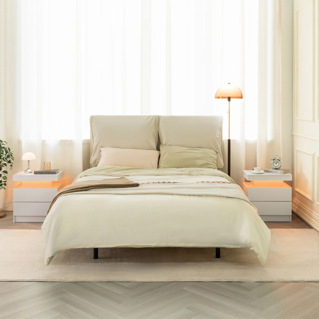 Comodino LED con 2 cassetti; luci regolabili in legno ingegnerizzato bianco